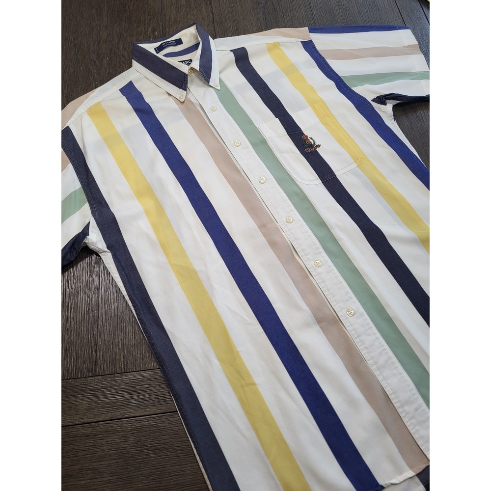Vtg 90s Chaps Ralph Lauren Mens Medium Navy Blue Striped Crest Button Up Shirt